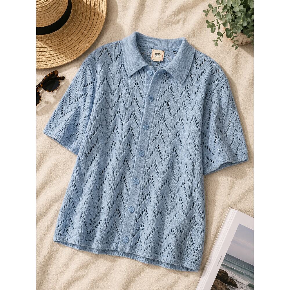 BDG Women's Open Knit Crochet Cardigan Sweater Short Sleeve Powder Blue Size L